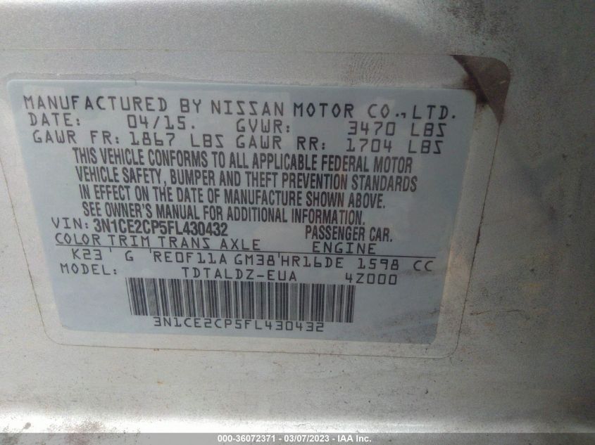 2015 NISSAN VERSA NOTE SV - 3N1CE2CP5FL430432