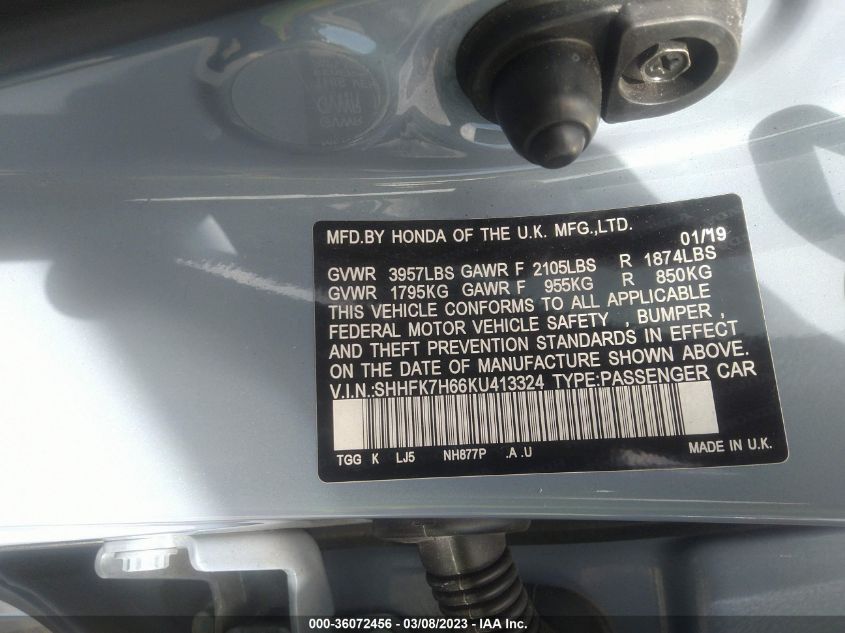 2019 HONDA CIVIC HATCHBACK EX - SHHFK7H66KU413324