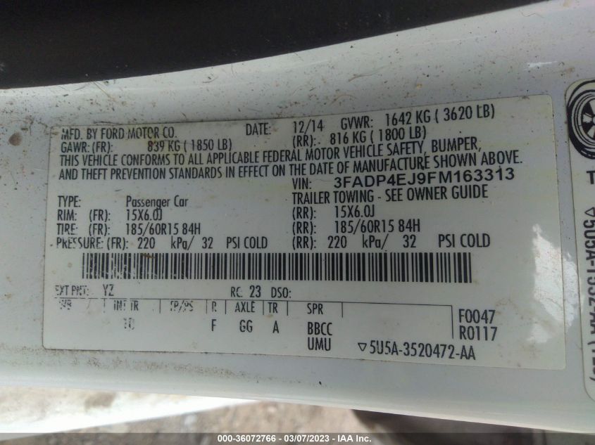 2015 FORD FIESTA SE - 3FADP4EJ9FM163313