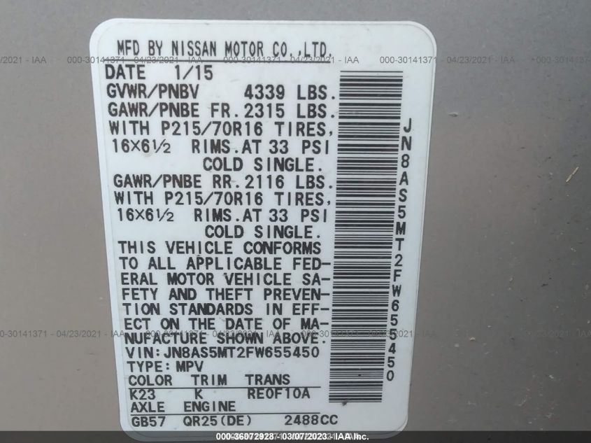 2015 NISSAN ROGUE SELECT S JN8AS5MT2FW655450