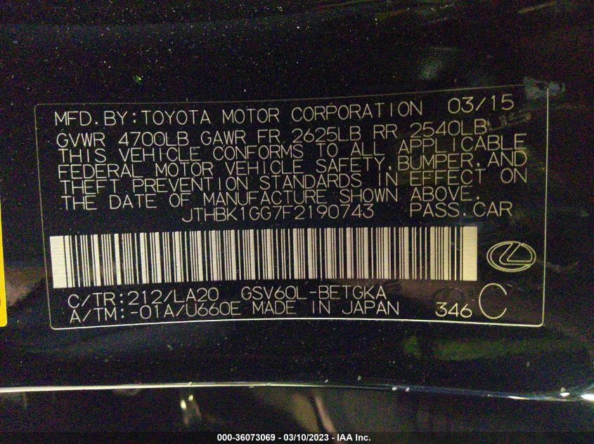 2015 LEXUS ES 350 - JTHBK1GG7F2190743
