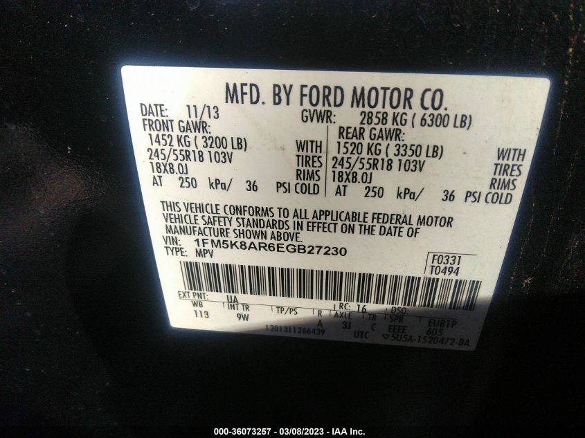 2014 FORD UTILITY POLICE INTERCEPTOR 1FM5K8AR6EGB27230