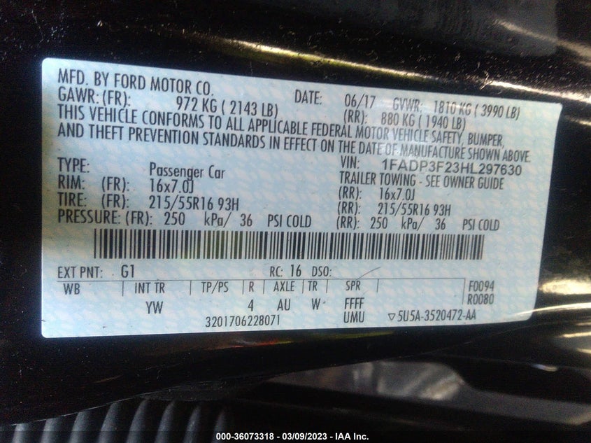 VIN 1FADP3F23HL297630 2017 FORD FOCUS SE