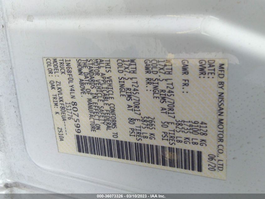 2020 NISSAN NV CARGO SV 1N6BF0LY4LN807599