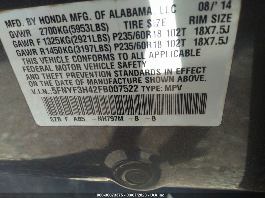 2015 HONDA PILOT EX - 5FNYF3H42FB007522
