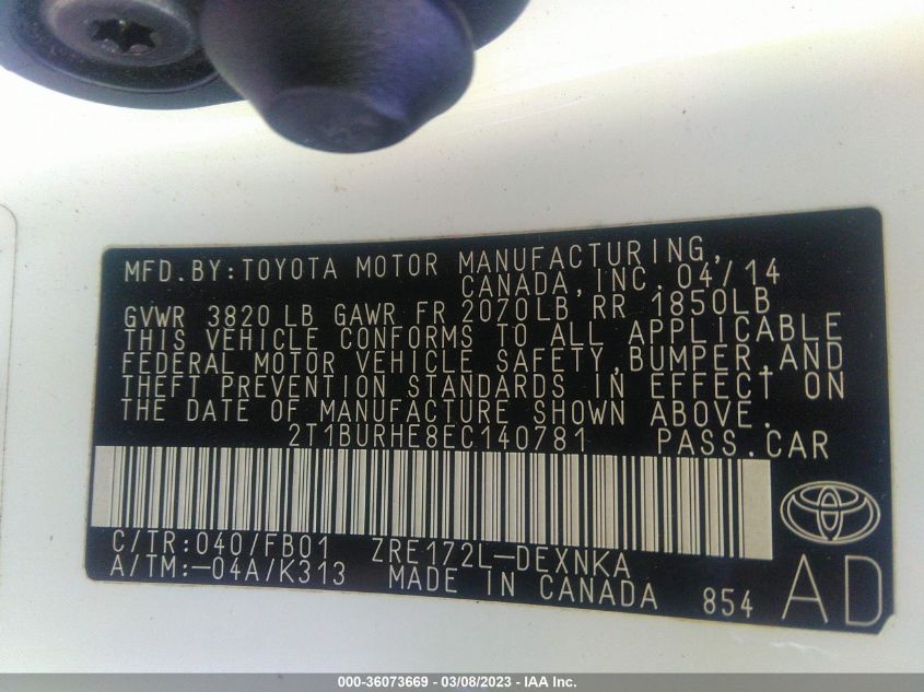 2014 TOYOTA COROLLA L/LE/S/S PLUS/LE PLUS - 2T1BURHE8EC140781