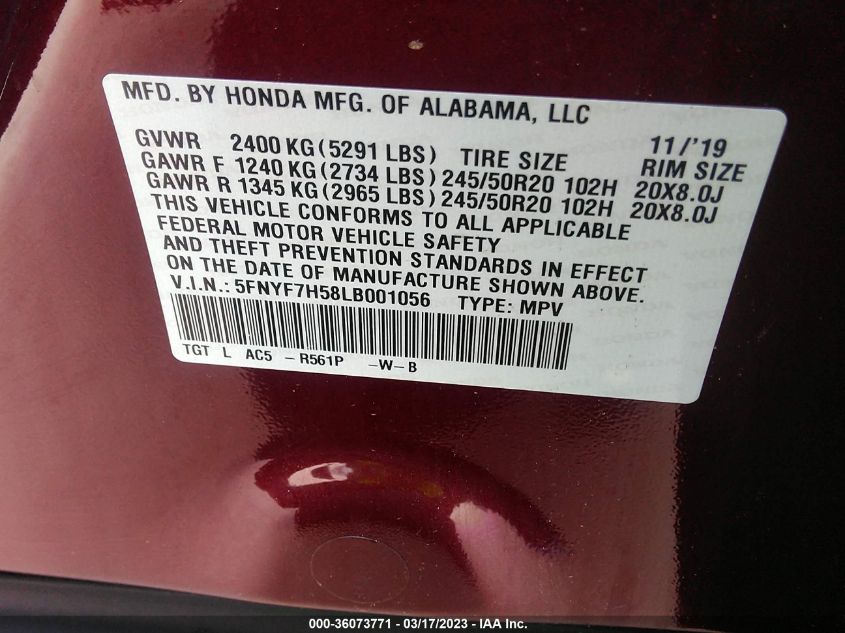 2020 HONDA PASSPORT EX-L - 5FNYF7H58LB001056