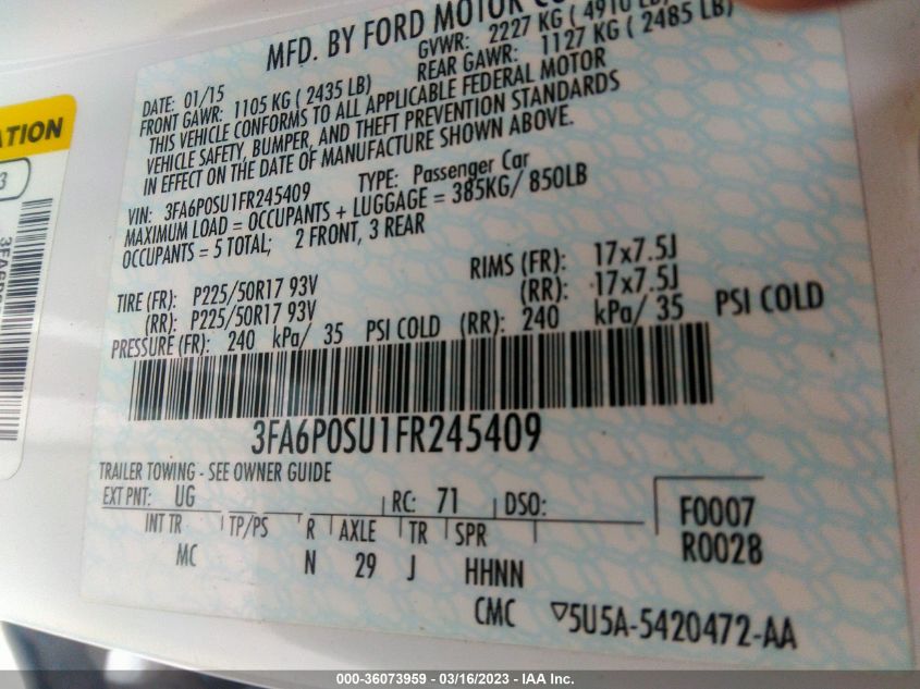 2015 FORD FUSION ENERGI TITANIUM - 3FA6P0SU1FR245409