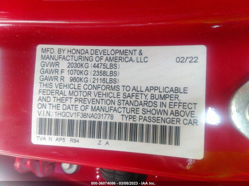2022 HONDA ACCORD SEDAN SPORT - 1HGCV1F38NA031778
