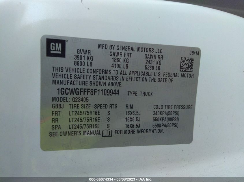 2015 CHEVROLET EXPRESS CARGO VAN - 1GCWGFFF8F1109944