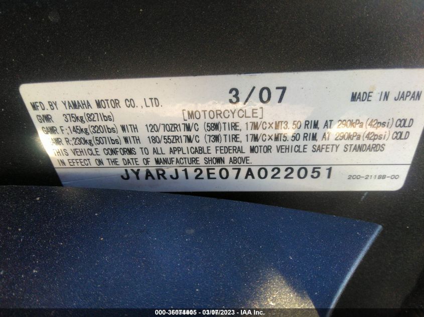 2007 YAMAHA YZFR6 L - JYARJ12E07A022051