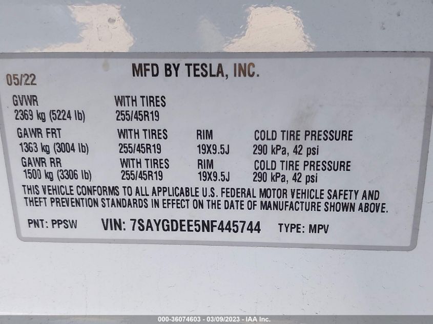 2022 TESLA MODEL Y LONG RANGE - 7SAYGDEE5NF445744