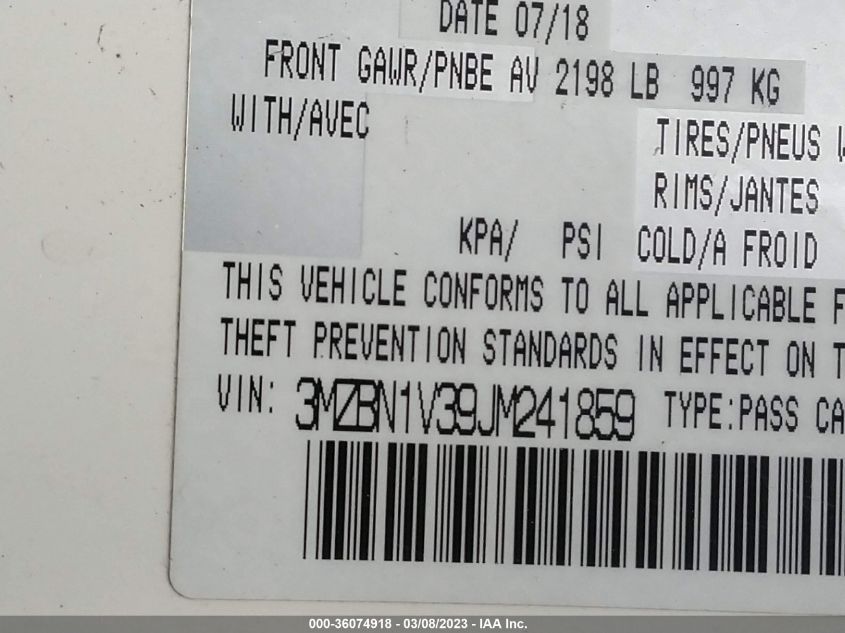 2018 MAZDA MAZDA3 4-DOOR TOURING 3MZBN1V39JM241859