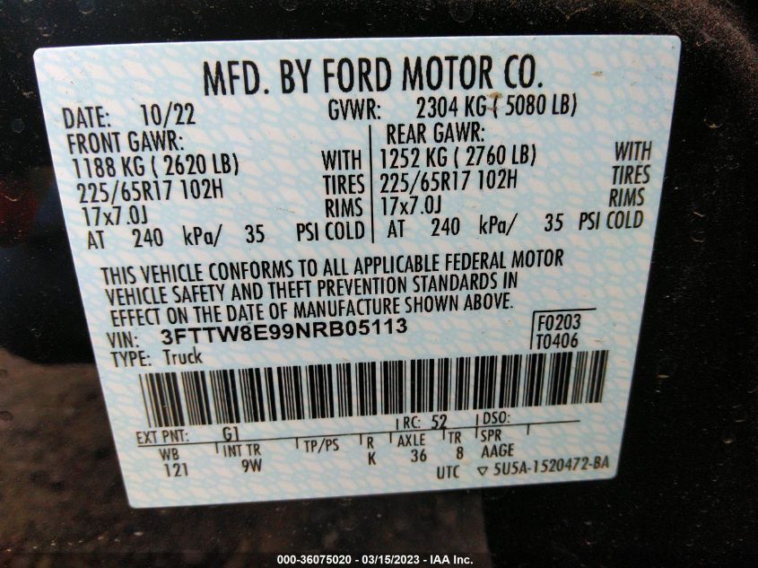 2022 FORD MAVERICK XL/XLT/LARIAT - 3FTTW8E99NRB05113