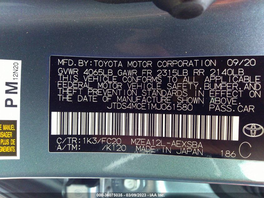 2021 TOYOTA COROLLA SE/NIGHTSHADE/APEX SE - JTDS4MCE1MJ061580