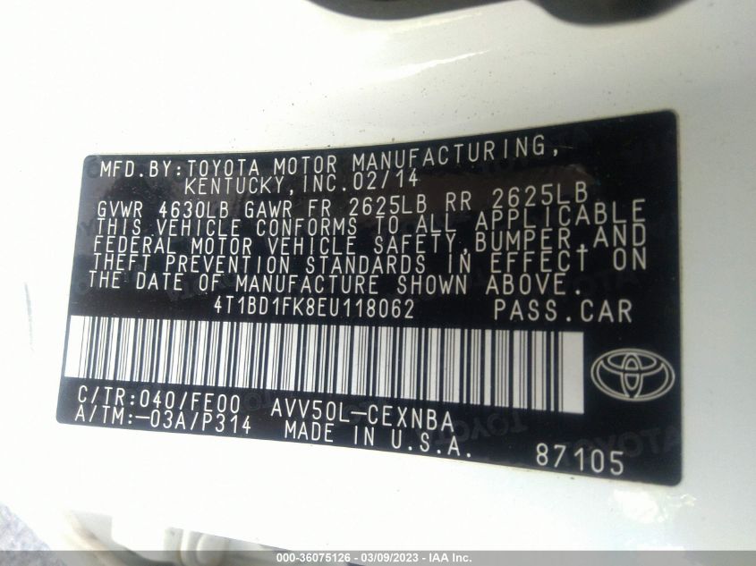 2014 TOYOTA CAMRY HYBRID LE/XLE/SE LIMITED EDITION - 4T1BD1FK8EU118062