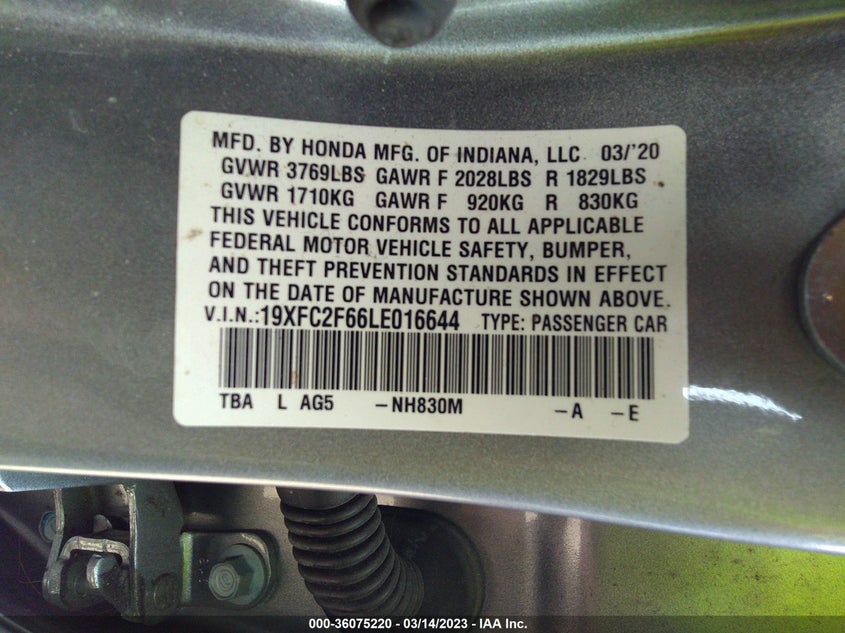VIN 19XFC2F66LE016644 2020 HONDA CIVIC SEDAN LX