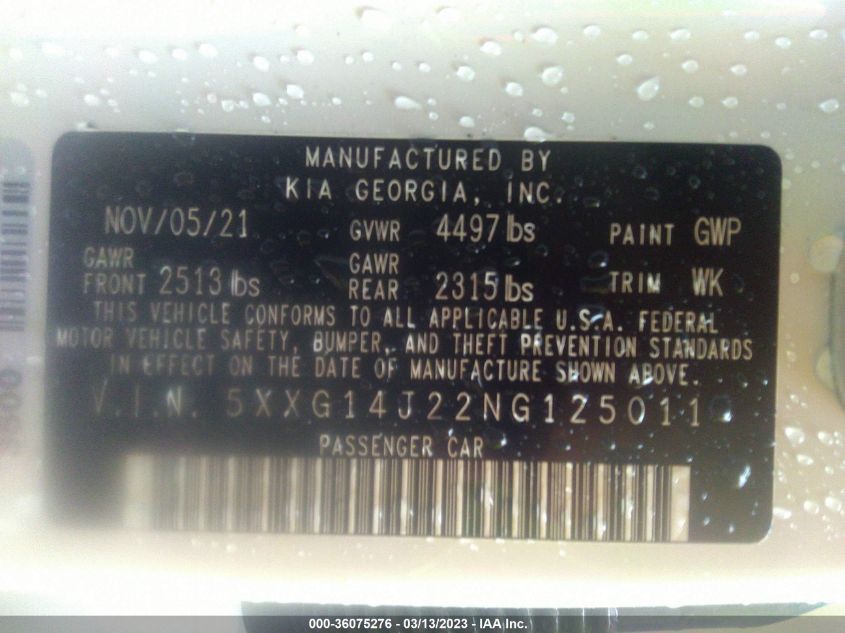 2022 KIA K5 LXS - 5XXG14J22NG125011