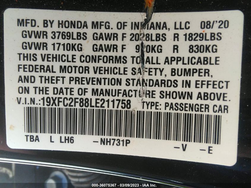 2020 HONDA CIVIC SEDAN SPORT - 19XFC2F88LE211758