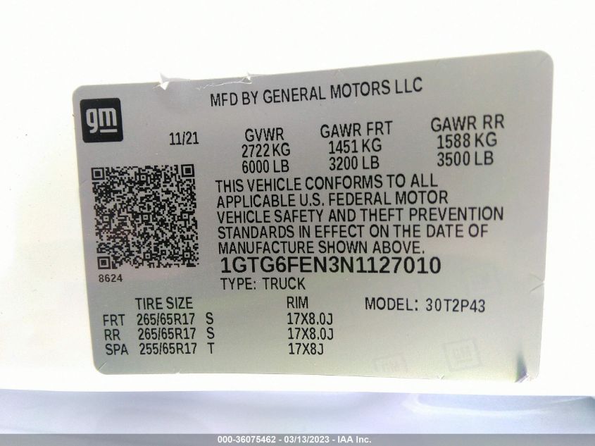2022 GMC CANYON 4WD AT4 W/LEATHER - 1GTG6FEN3N1127010