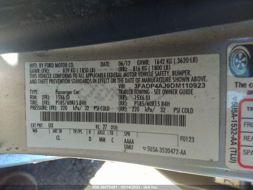 2013 FORD FIESTA S - 3FADP4AJ9DM110923