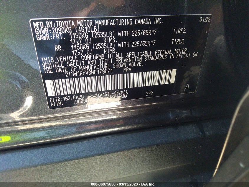 VIN 2T3W1RFV3NC179671 2022 TOYOTA RAV4 XLE