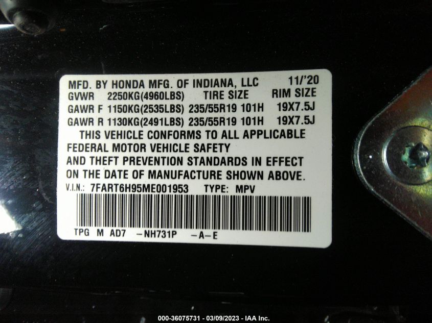 2021 HONDA CR-V HYBRID TOURING - 7FART6H95ME001953