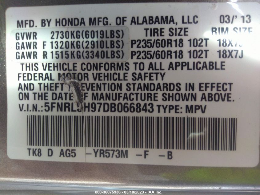 VIN 5FNRL5H97DB066843 2013 HONDA ODYSSEY no.9