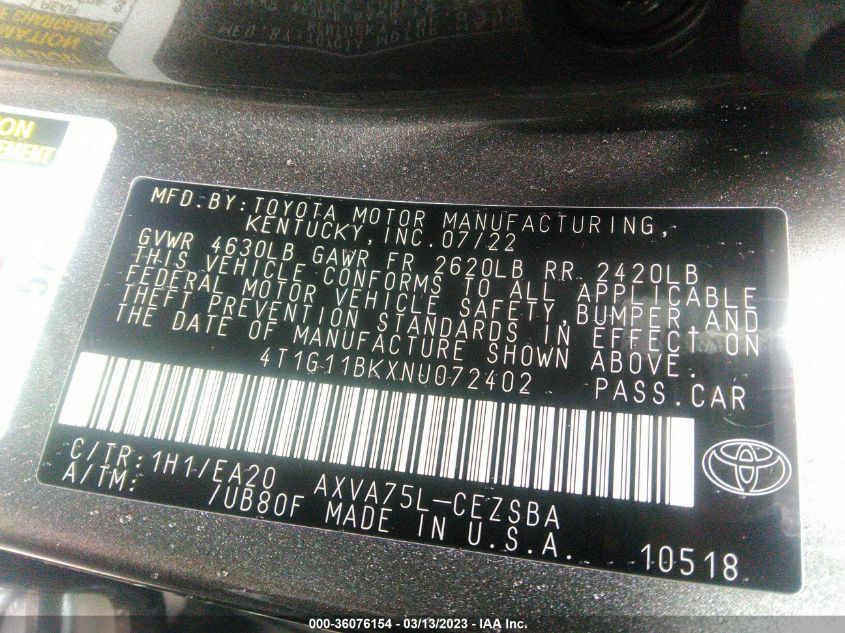 2022 TOYOTA CAMRY SE - 4T1G11BKXNU072402