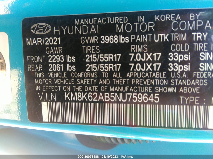 VIN KM8K62AB5NU759645 2022 HYUNDAI KONA SEL