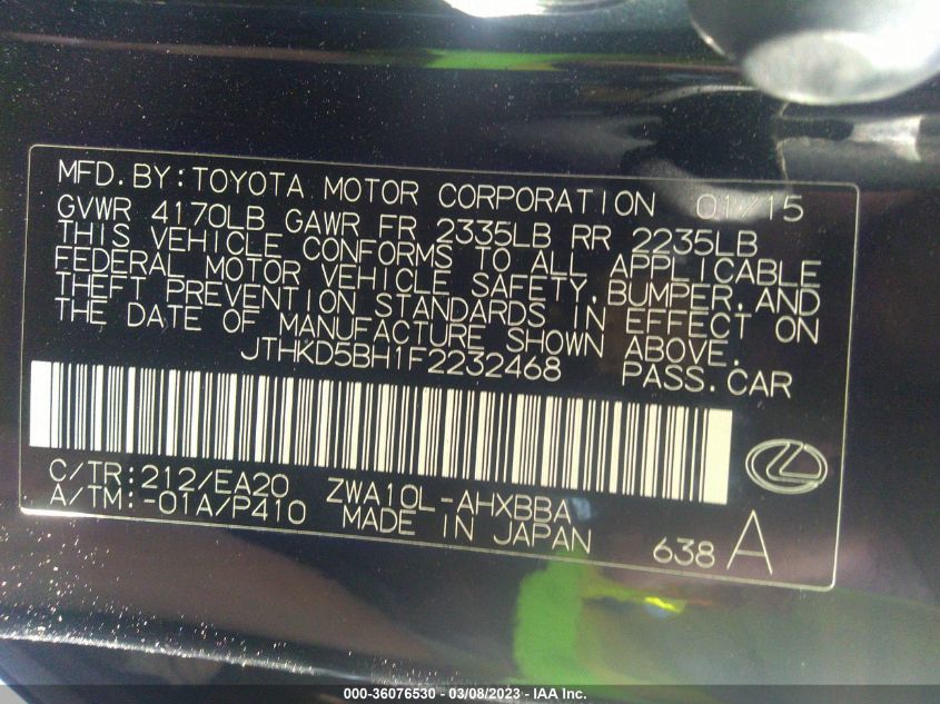 2015 LEXUS CT 200H HYBRID - JTHKD5BH1F2232468