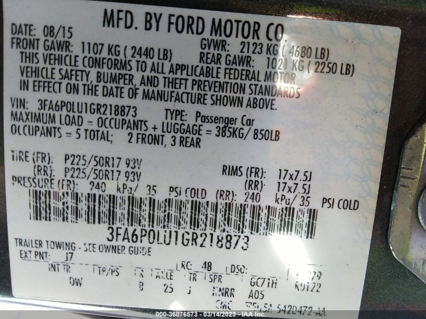 2016 FORD FUSION SE HYBRID - 3FA6P0LU1GR218873