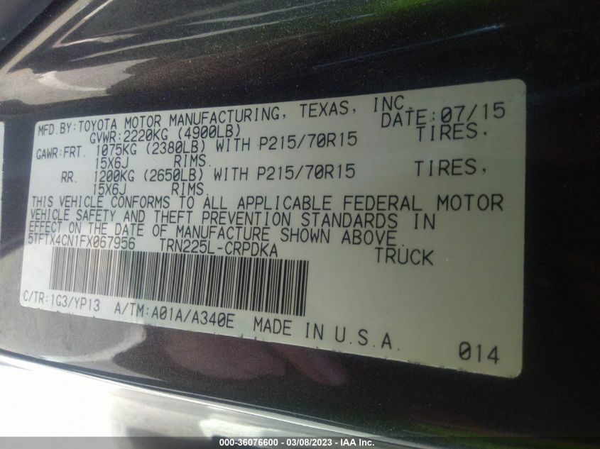 2015 TOYOTA TACOMA - 5TFTX4CN1FX067956