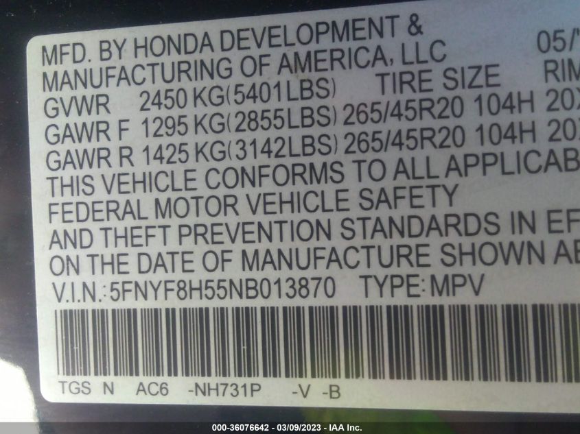 2022 HONDA PASSPORT EX-L 5FNYF8H55NB013870