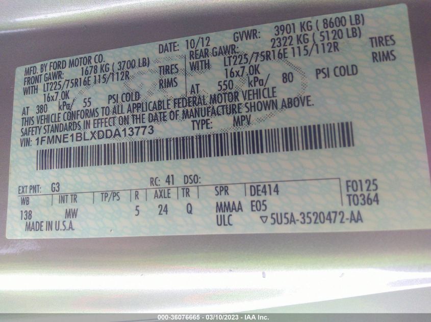 2013 FORD ECONOLINE WAGON XL/XLT 1FMNE1BLXDDA13773
