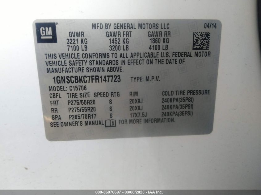 2015 CHEVROLET TAHOE LT - 1GNSCBKC7FR147723