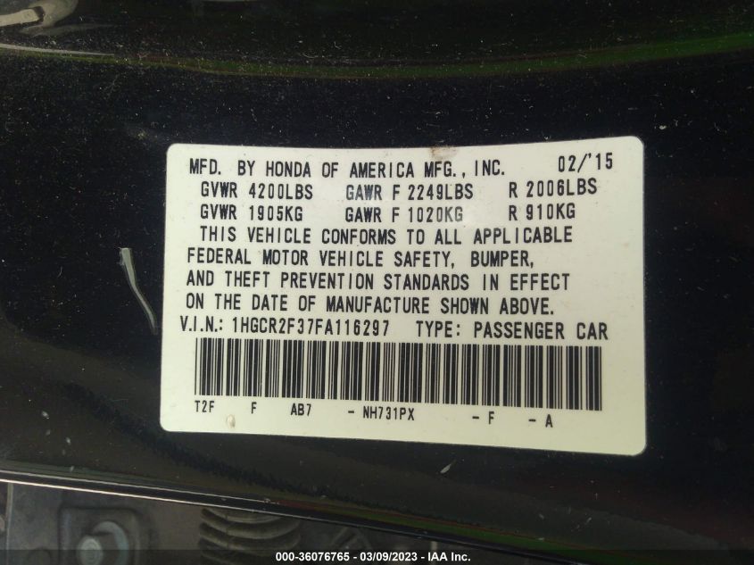 2015 HONDA ACCORD SEDAN LX - 1HGCR2F37FA116297