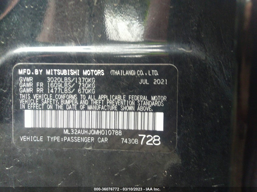 VIN ML32AUHJ0MH010788 2021 MITSUBISHI MIRAGE ES/LE/CARBONITE EDITION