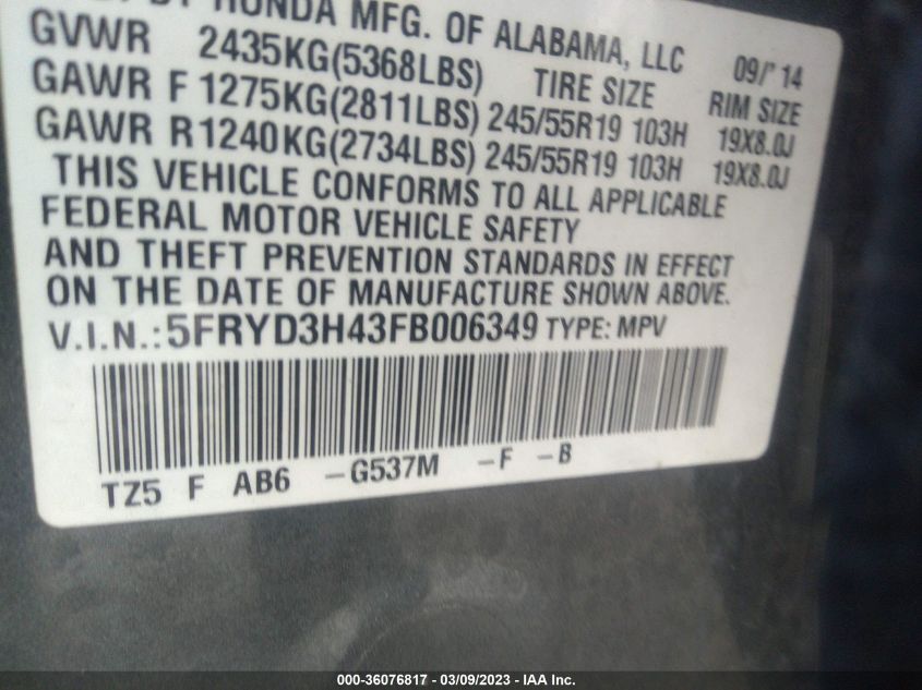 2015 ACURA MDX TECH PKG - 5FRYD3H43FB006349