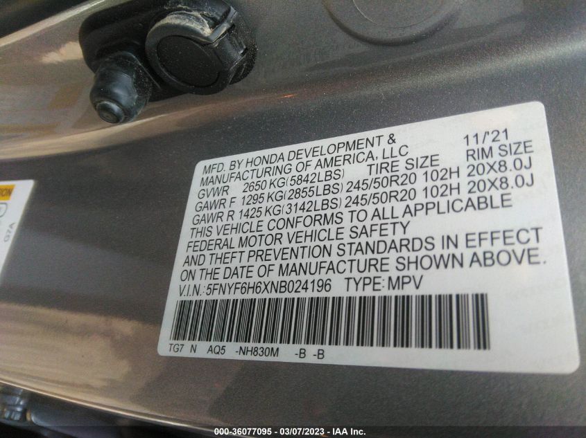 2022 HONDA PILOT TOURING 7-PASSENGER - 5FNYF6H6XNB024196