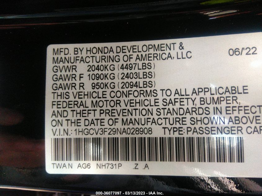 1HGCV3F29NA028908 Honda Accord Hybrid SPORT 9