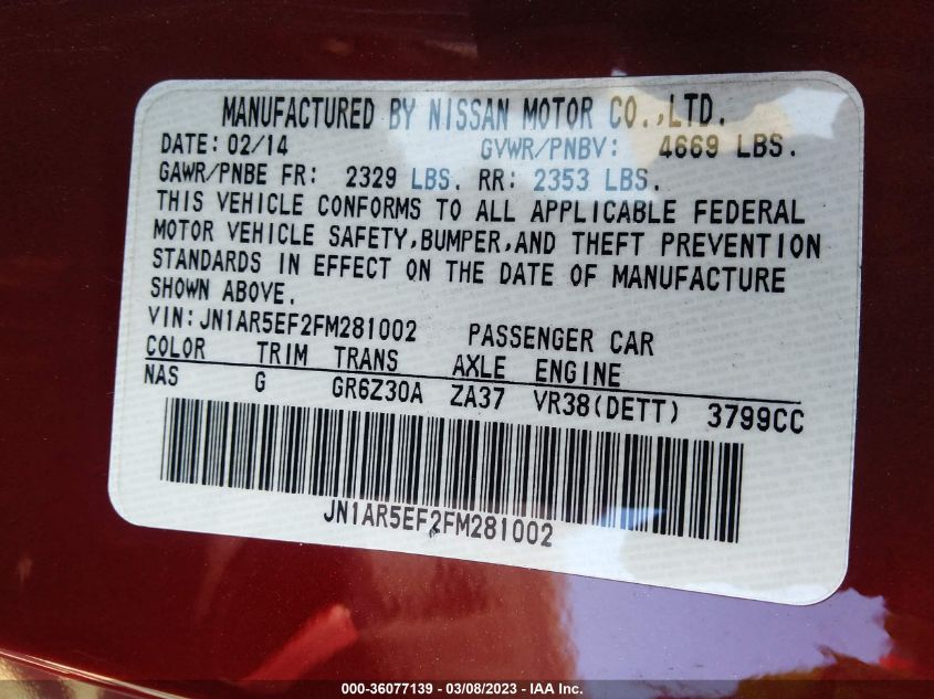 2015 NISSAN GT-R PREMIUM JN1AR5EF2FM281002