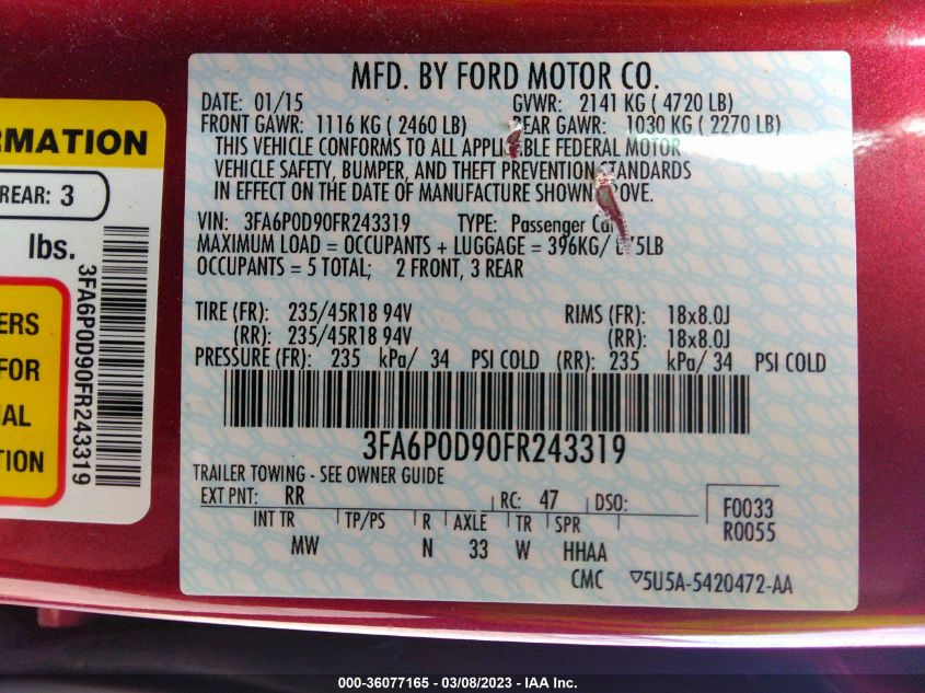 2015 FORD FUSION TITANIUM - 3FA6P0D90FR243319