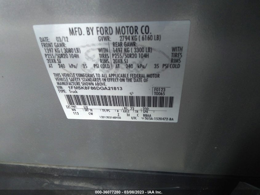 2013 FORD EXPLORER LIMITED - 1FM5K8F86DGA21813