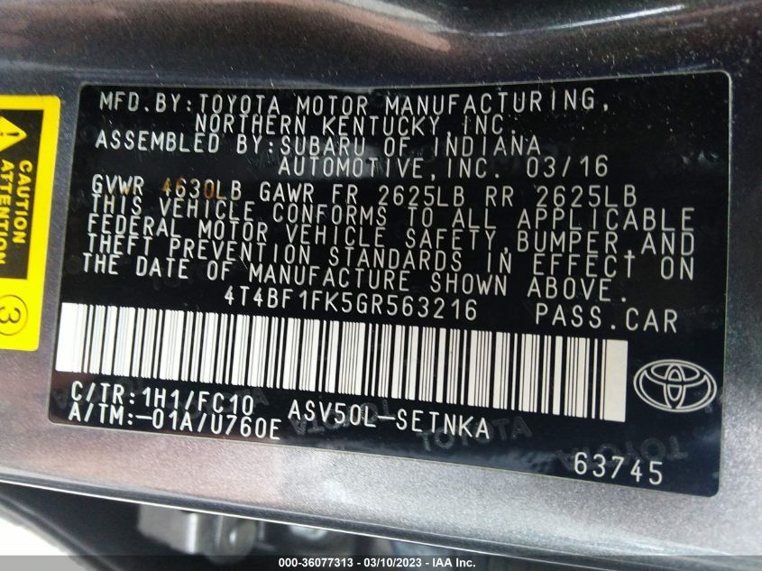 2016 TOYOTA CAMRY XLE/SE/LE/XSE - 4T4BF1FK5GR563216