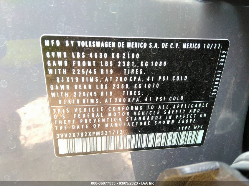 2023 VOLKSWAGEN TAOS SEL - 3VV2X7B2XPM321712