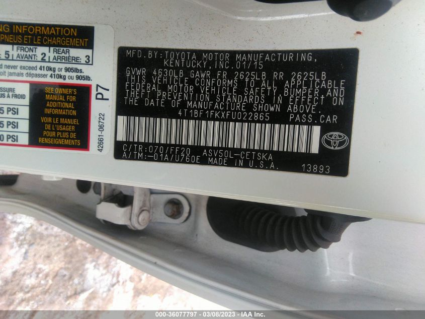 2015 TOYOTA CAMRY XLE/SE/LE/XSE - 4T1BF1FKXFU022865
