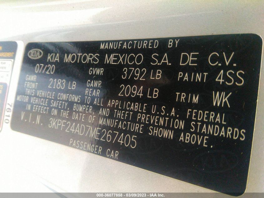 2021 KIA FORTE LXS - 3KPF24AD7ME267405