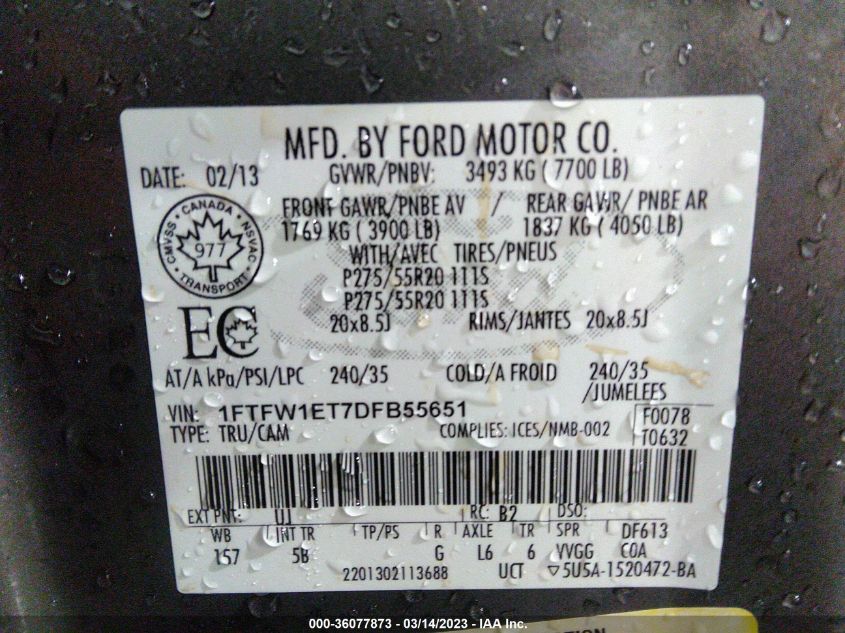 2013 FORD F-150 XL/XLT/FX4/LARIAT - 1FTFW1ET7DFB55651