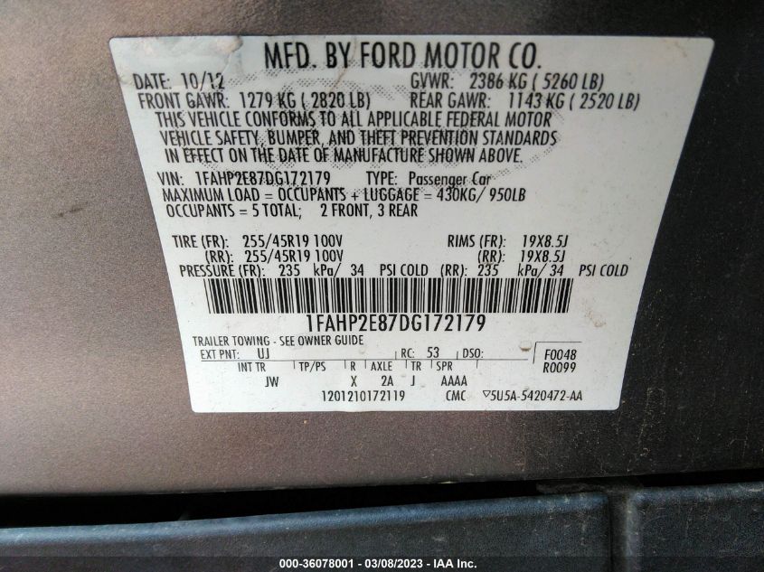 2013 FORD TAURUS SEL - 1FAHP2E87DG172179